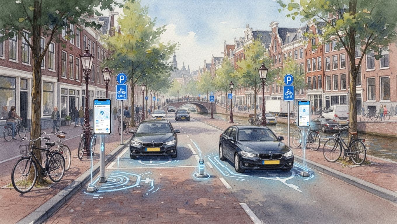 Watercolor depiction of a busy Amsterdam urban street using smart parking sensors and apps for reduced traffic flow, featuring bikes, exactly two cars, and a nearby canal with soft blending and brush texture.