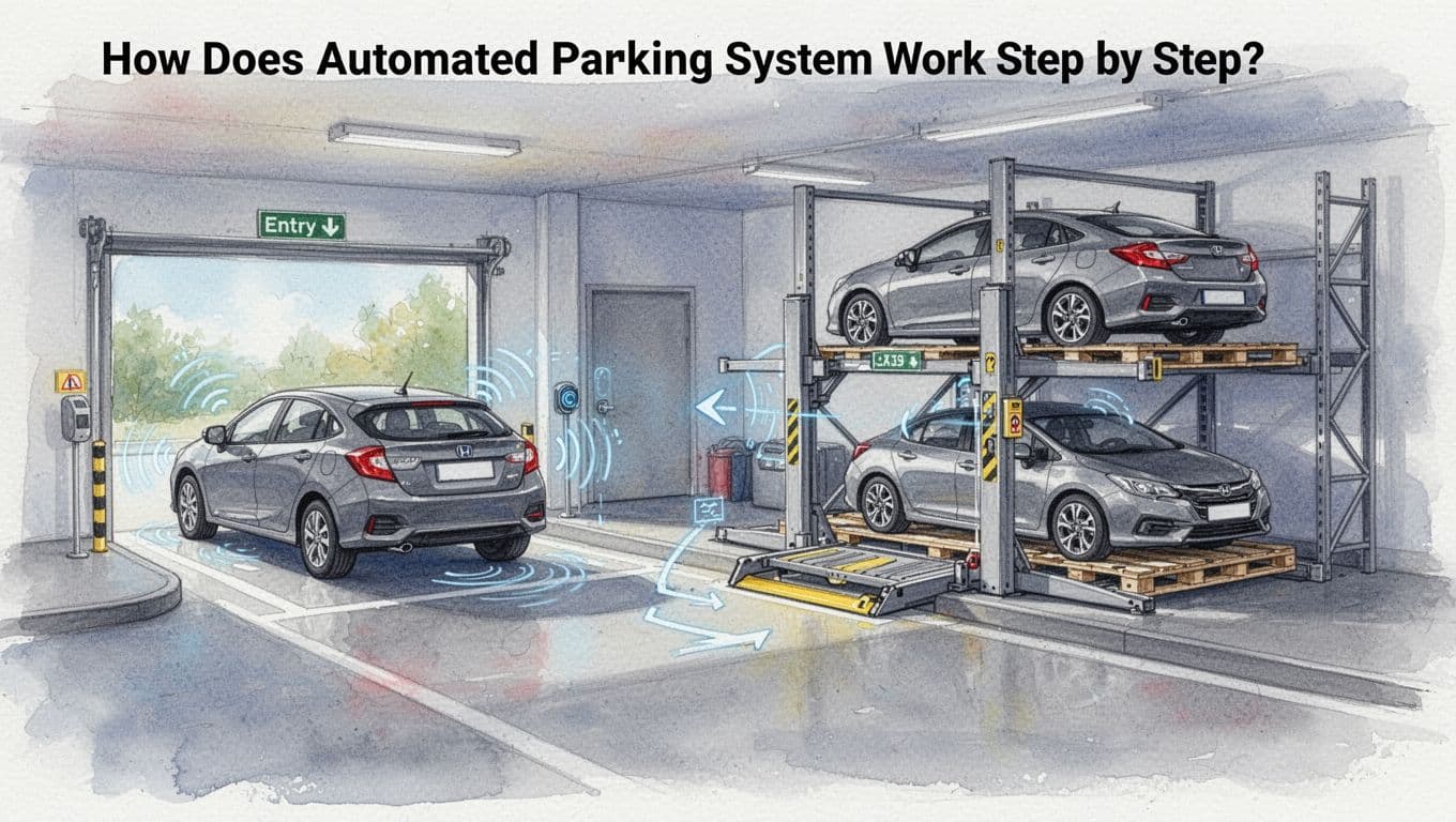 Watercolor style diagram illustrating the automated parking process with two cars in sequence: car enters entry bay, sensors scan, lift transfers to storage pallet, then shuttles to rack in a simple garage interior with bright daylight lighting and soft brush textures.