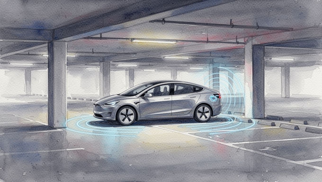 Watercolor illustration of a modern multi-level parking garage interior with one autonomous car maneuvering into a tight parking bay using sensors, surrounded by empty bays under soft lighting from a side angle.
