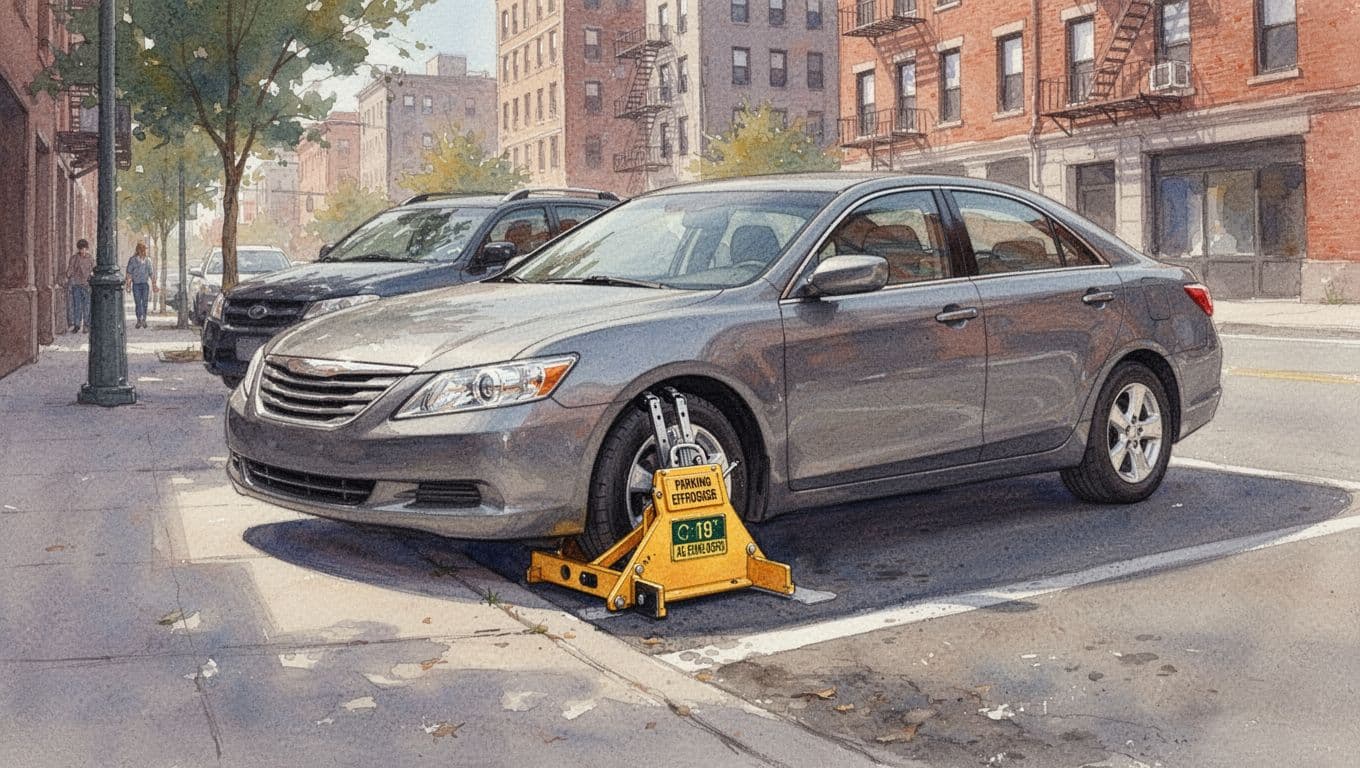 A sedan car parked on a city curb with heavy yellow parking enforcement boot clamped on its front wheel, set against an urban sidewalk and buildings in background, rendered in watercolor style with soft blending, visible brush texture, and warm urban palette.