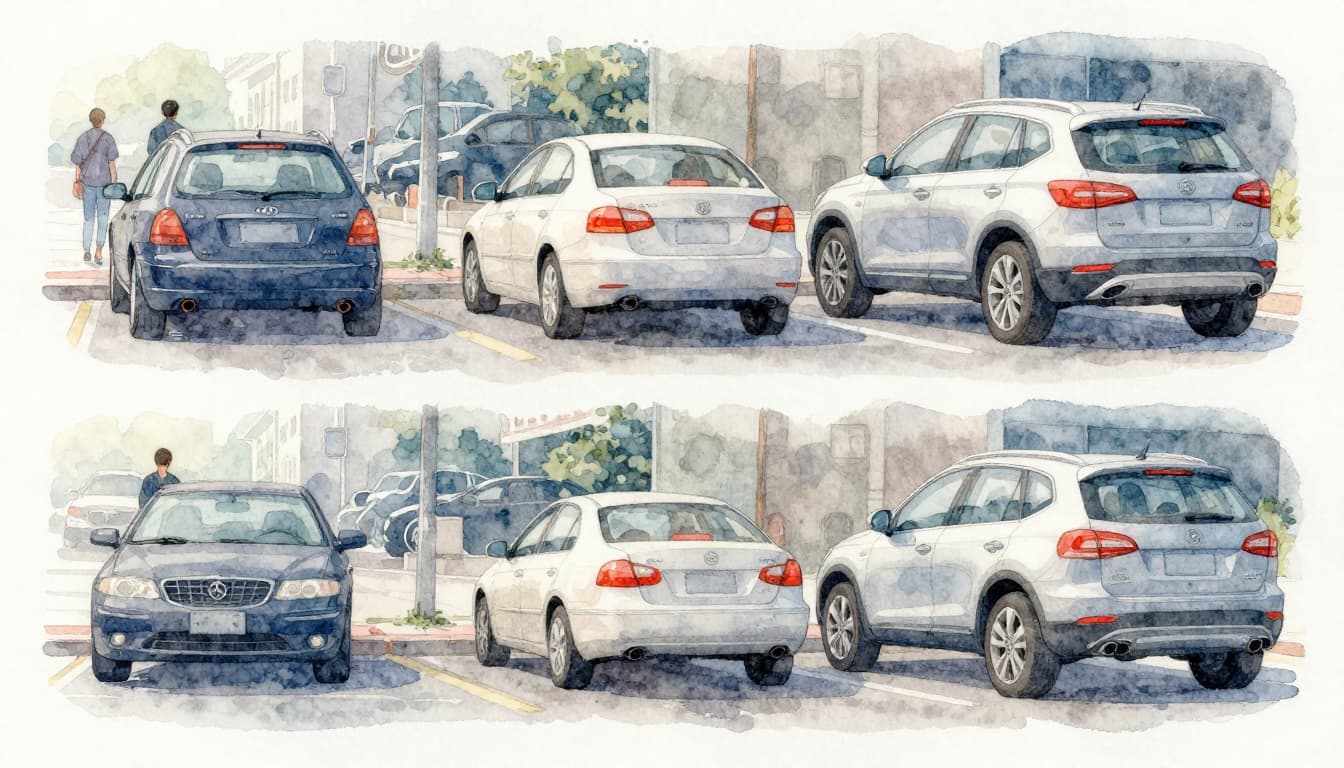 Watercolor illustration of a busy city street curb featuring two sedans and one SUV parked parallel, with parking meters along the sidewalk and light pedestrian traffic in the background, using muted urban blues and grays.