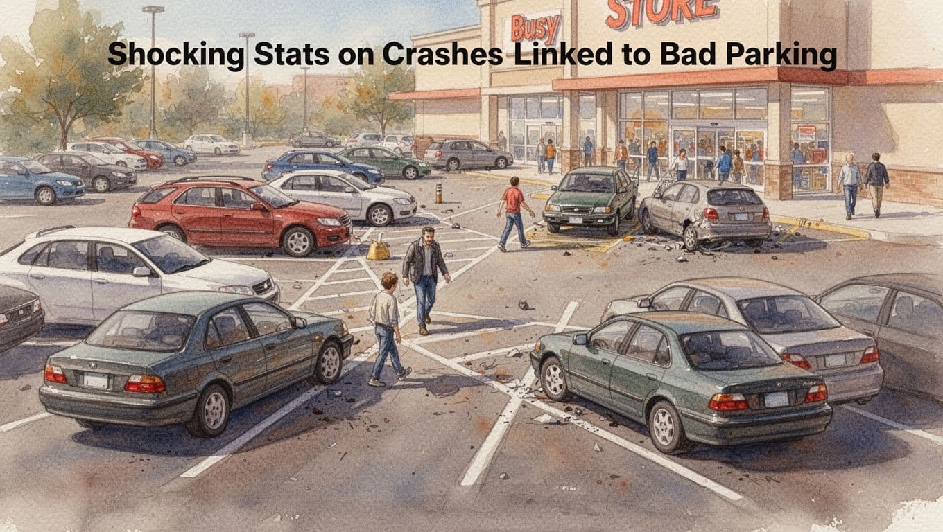 Watercolor depiction of a busy store parking lot with four cars parked poorly across lines, blocking walkways as two distant pedestrians weave around and vehicles back out slowly. Soft blending, brush texture, and warm earth tones convey accident risks.