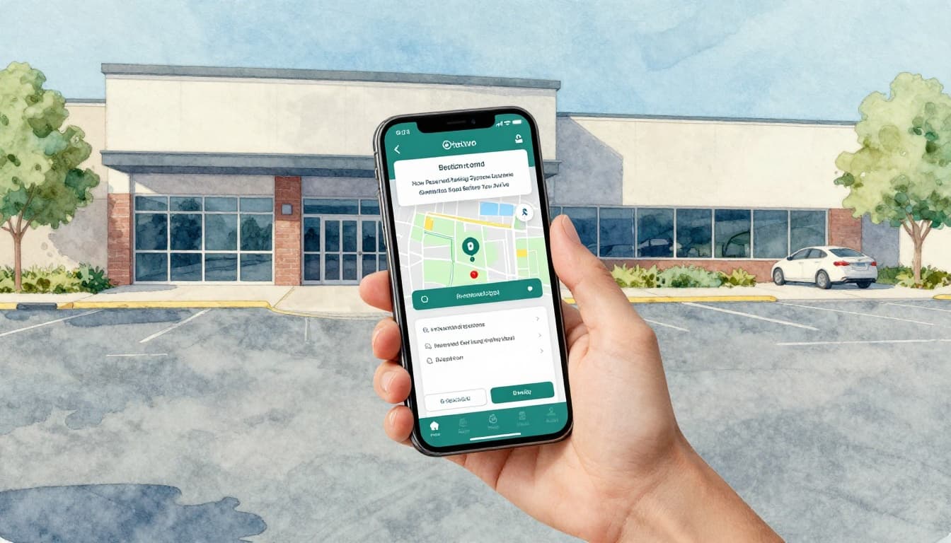 A driver uses a smartphone app to book a reserved parking spot on a digital map of an office lot, standing outside a modern building in a clear daytime urban watercolor scene.