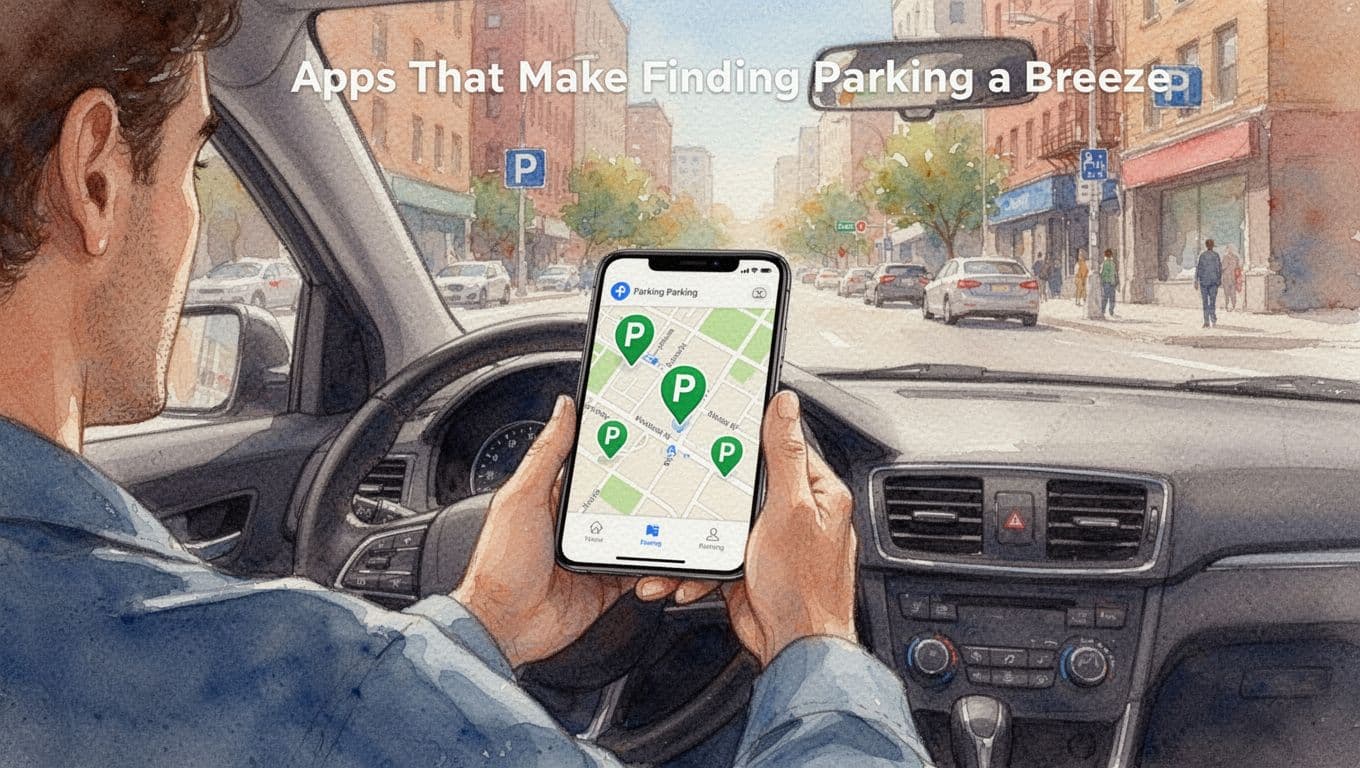 A driver in a car holds a smartphone displaying a map with nearby parking spots marked in green, in an urban street during daytime, watercolor style with soft blending.