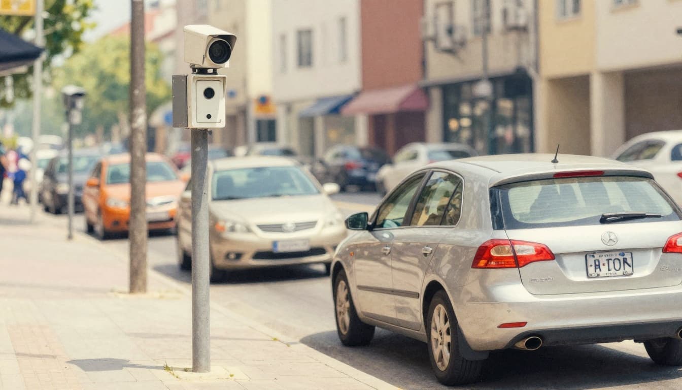 Watercolor-style urban street scene featuring a license plate recognition camera on a tall gray pole scanning passing and parked cars, with one vehicle in a no-parking zone highlighted. Sunny daytime with soft blurred backgrounds of buildings and sidewalks, no people visible, warm urban palette.