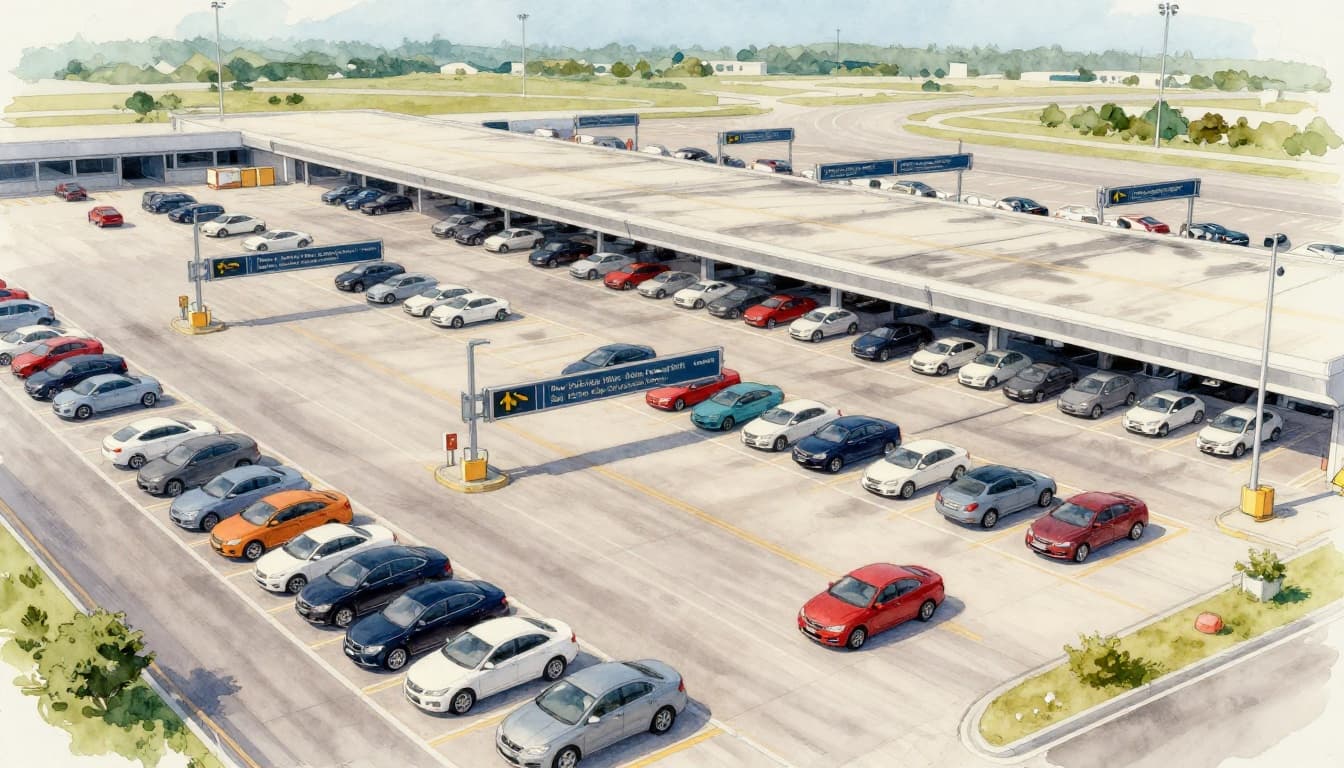Aerial watercolor illustration of an airport parking terminal with multi-level garages, cars navigating automated lanes, and overhead directional signs under a clear daytime sky with soft blending and brush textures.