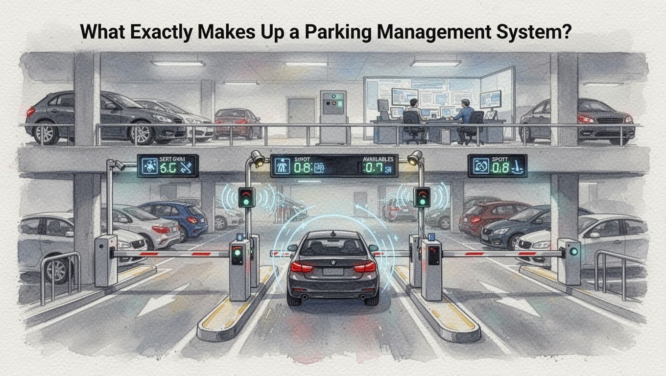 Watercolor illustration of a multi-level parking garage featuring automated gates for car entry, sensors detecting vehicles, digital signs displaying available spots, and a central control room.