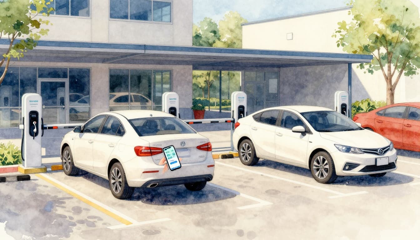 Watercolor style image of an office building parking area with two occupied EV charging stations, integrated gates, and app notifications implied by a phone on the dashboard, under bright morning light with a wide view of the building entrance.
