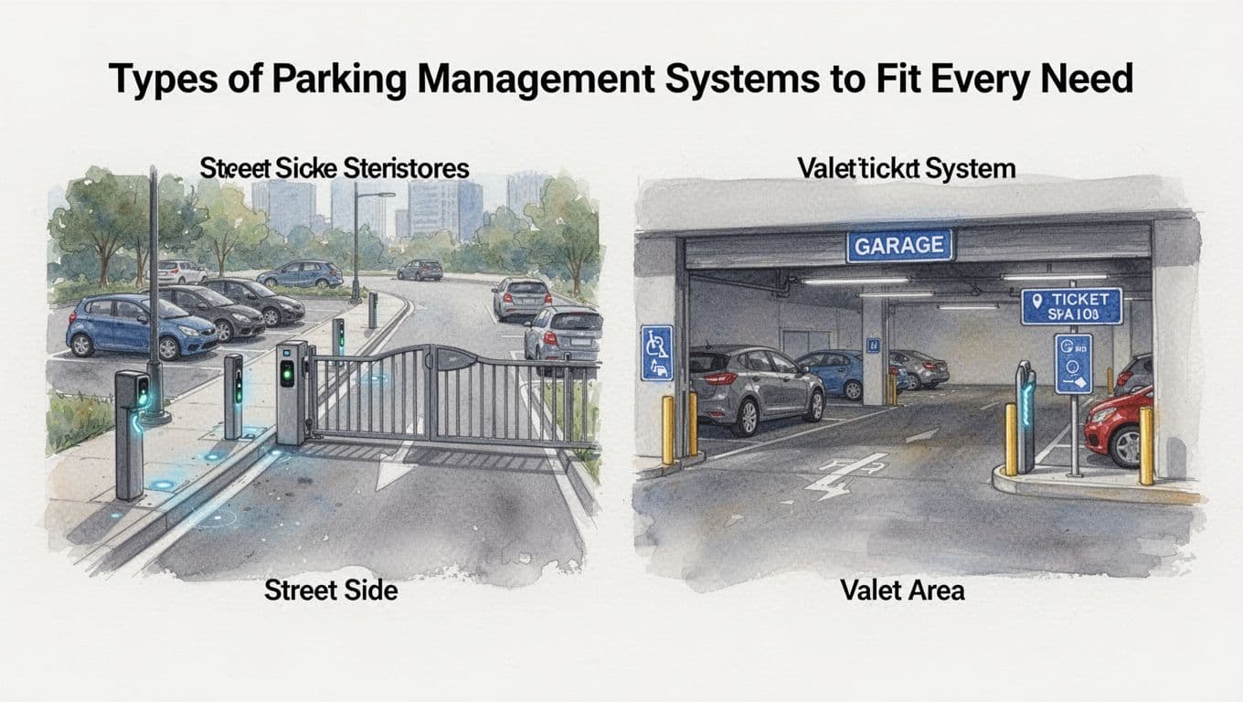 Side-by-side watercolor illustration of different parking setups: street-side sensors on curbs, gated garage with signs, and valet area with ticket system.