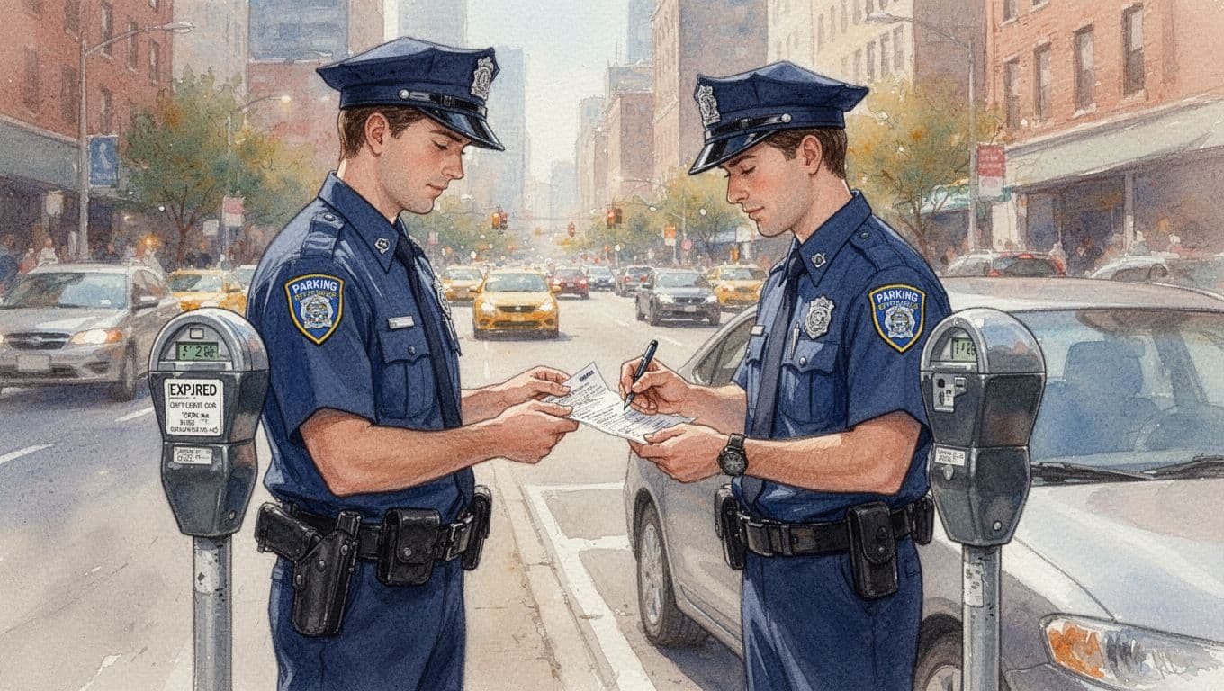 A parking enforcement officer in blue uniform writes a ticket on a car at an expired meter on a busy urban street during daytime, featuring a soft watercolor style with blurred city background and warm palette.