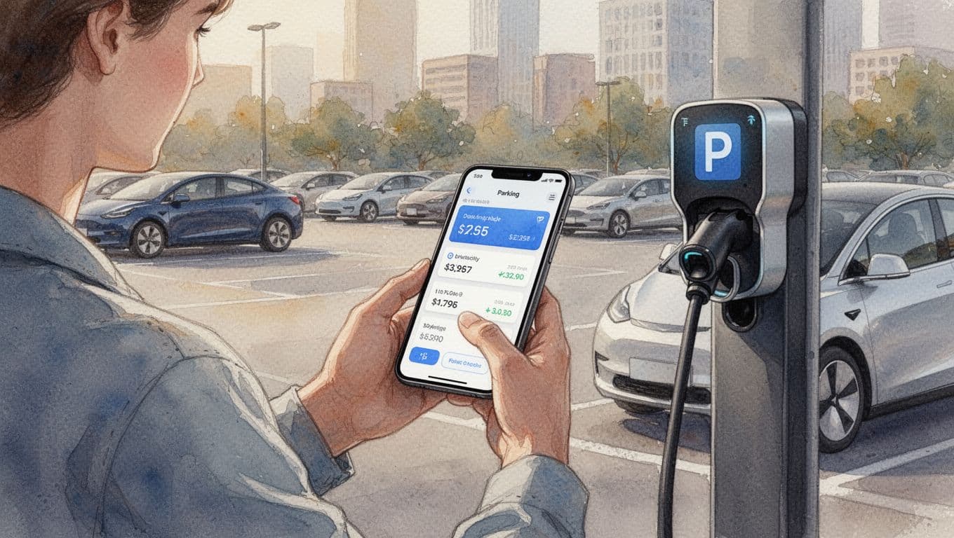 A relaxed person holds a smartphone with a parking app open, checking rates in a city parking lot with an EV charger nearby, in watercolor style with soft blending and warm neutral tones.