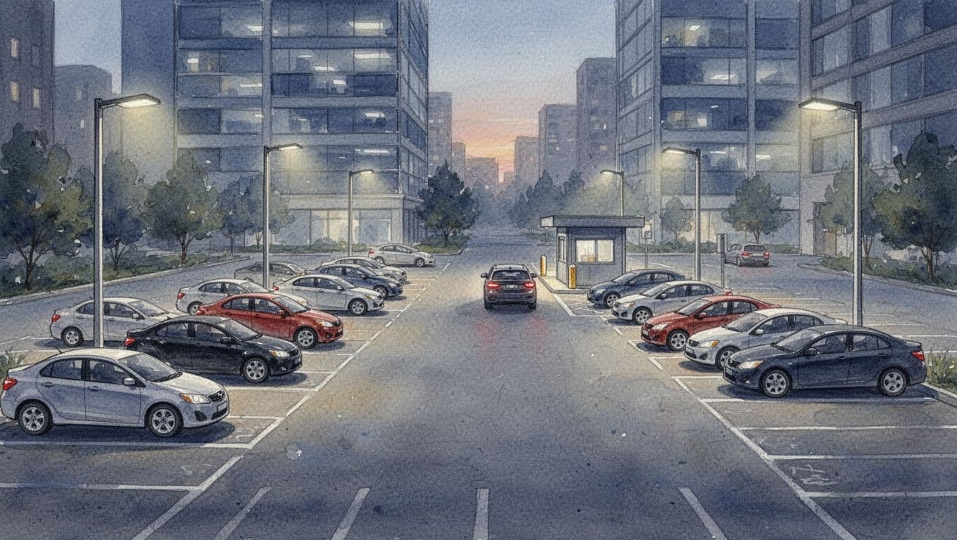 Watercolor-style illustration of an open surface parking lot with rows of ten cars in white-lined spots near a modern office building, illuminated by overhead lights at dusk, with one car approaching the entrance booth, emphasizing security and ample space using muted urban blues and grays.