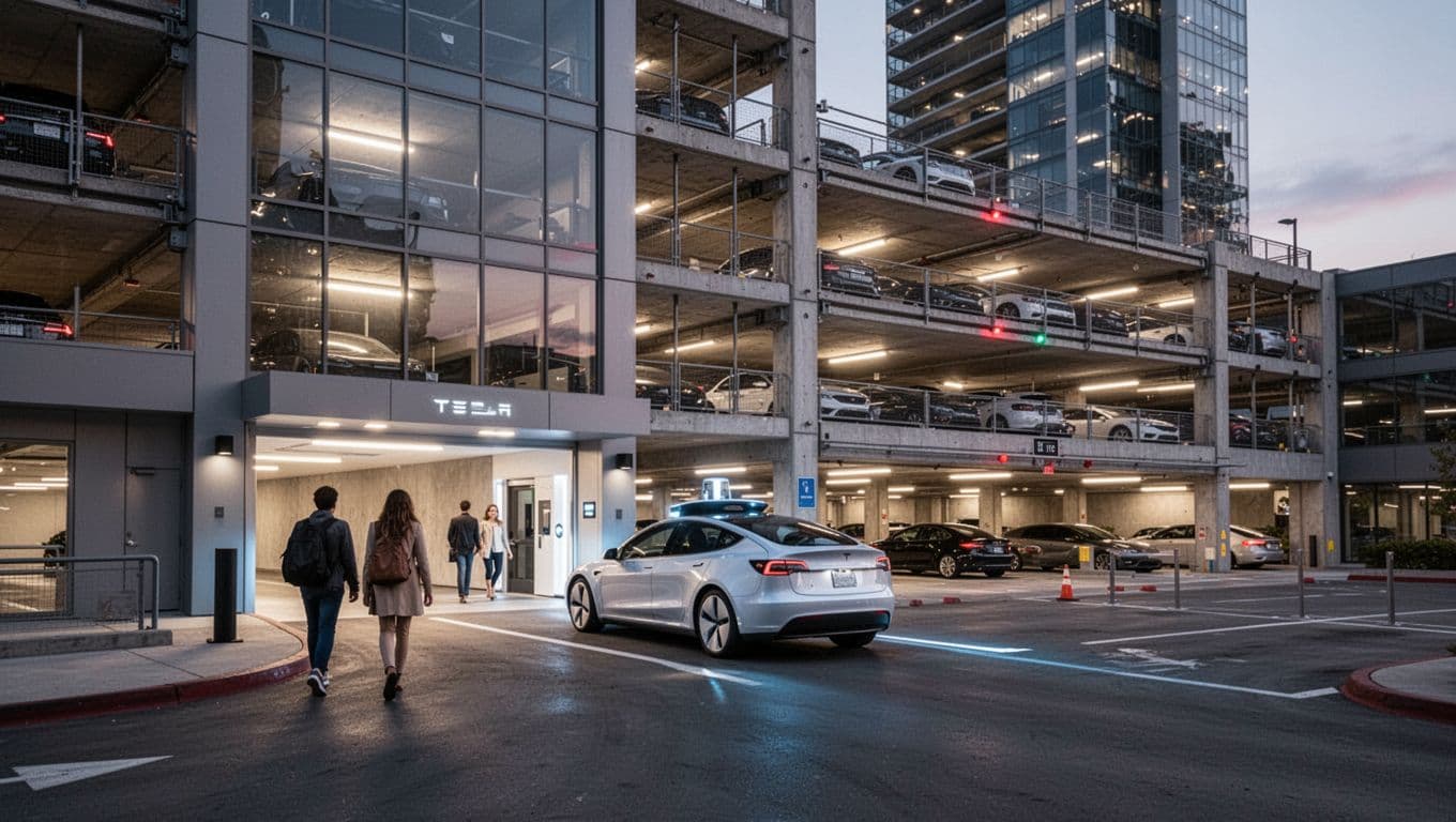An autonomous electric car drives into a multi-level parking garage at dusk, dropping off two passengers at the entrance before heading to park in a futuristic urban tower exterior with soft evening lights.