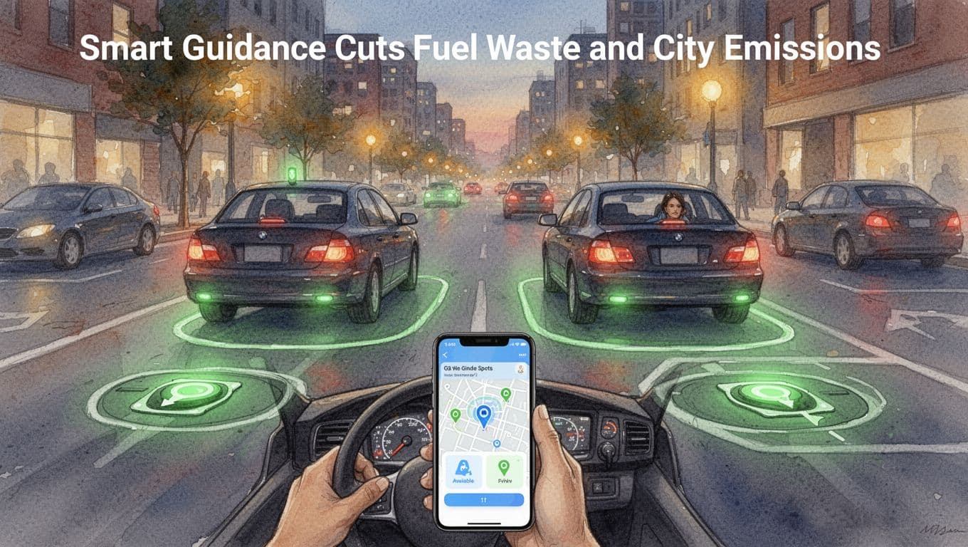 Watercolor scene of urban street at dusk with cars following GPS to green-lit parking spots on pavement sensors; foreground driver's app shows available spots.
