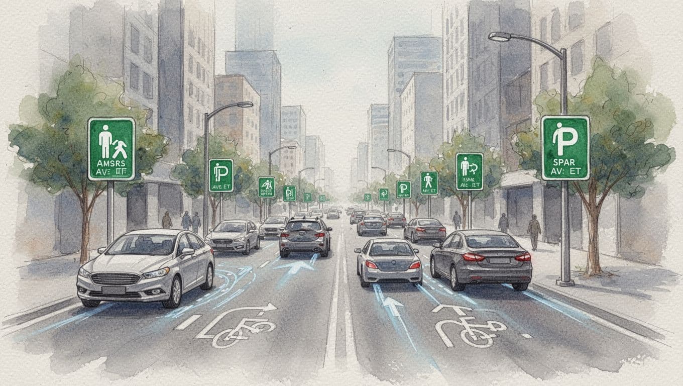 Watercolor-style city street scene showing reduced traffic congestion from smart parking, with fewer circling cars.