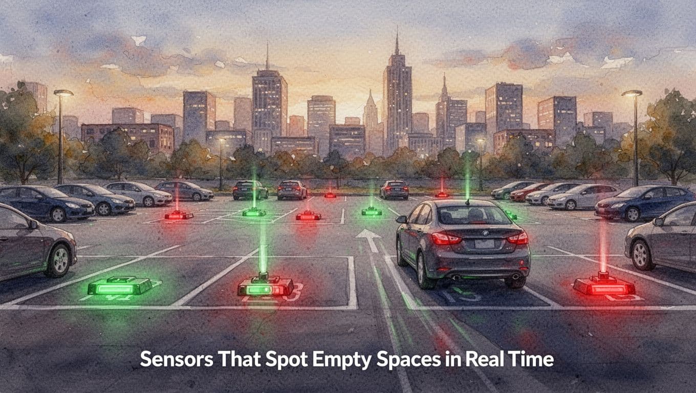 A city parking lot at dusk with in-ground sensors lighting up green indicators on several empty spots while others stay red, cars approaching the green ones, and a soft city skyline in the background. Watercolor style features soft blending, visible brush texture, and consistent warm evening tones; exactly one car visible, no people, no text, no logos.