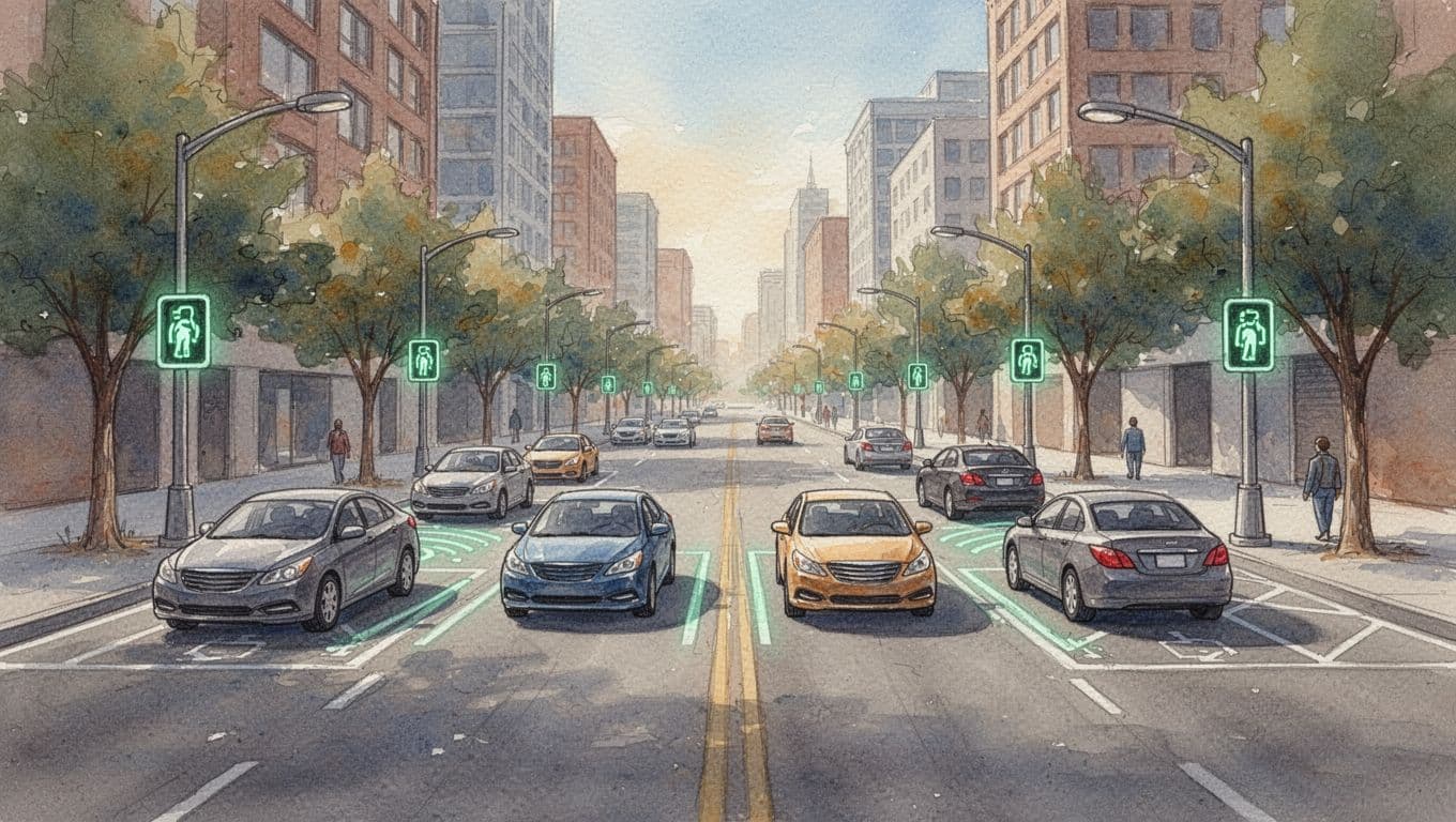 Busy daytime US city street with cars flowing smoothly to available parking spots via subtle green indicators on poles, urban buildings and trees lining the road, watercolor style.