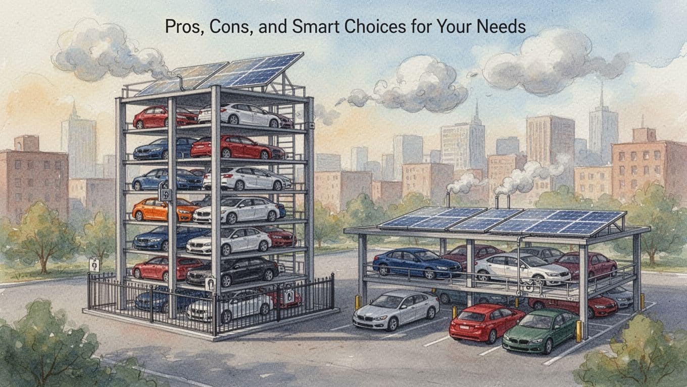 Watercolor illustration comparing a compact multi-level parking tower stacking cars to save urban space against a flat lot with fewer cars, featuring solar panels, secure locked platforms, and smaller emission clouds in a city background with soft brush textures.