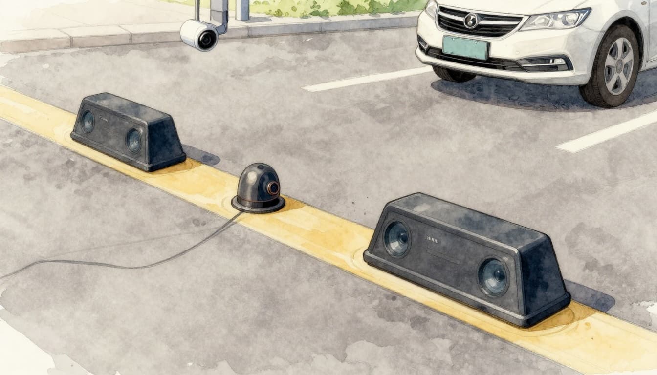 Close-up watercolor illustration of ultrasonic sensors embedded in pavement detecting a car, magnetic loop under the road, and overhead camera reading license plate.
