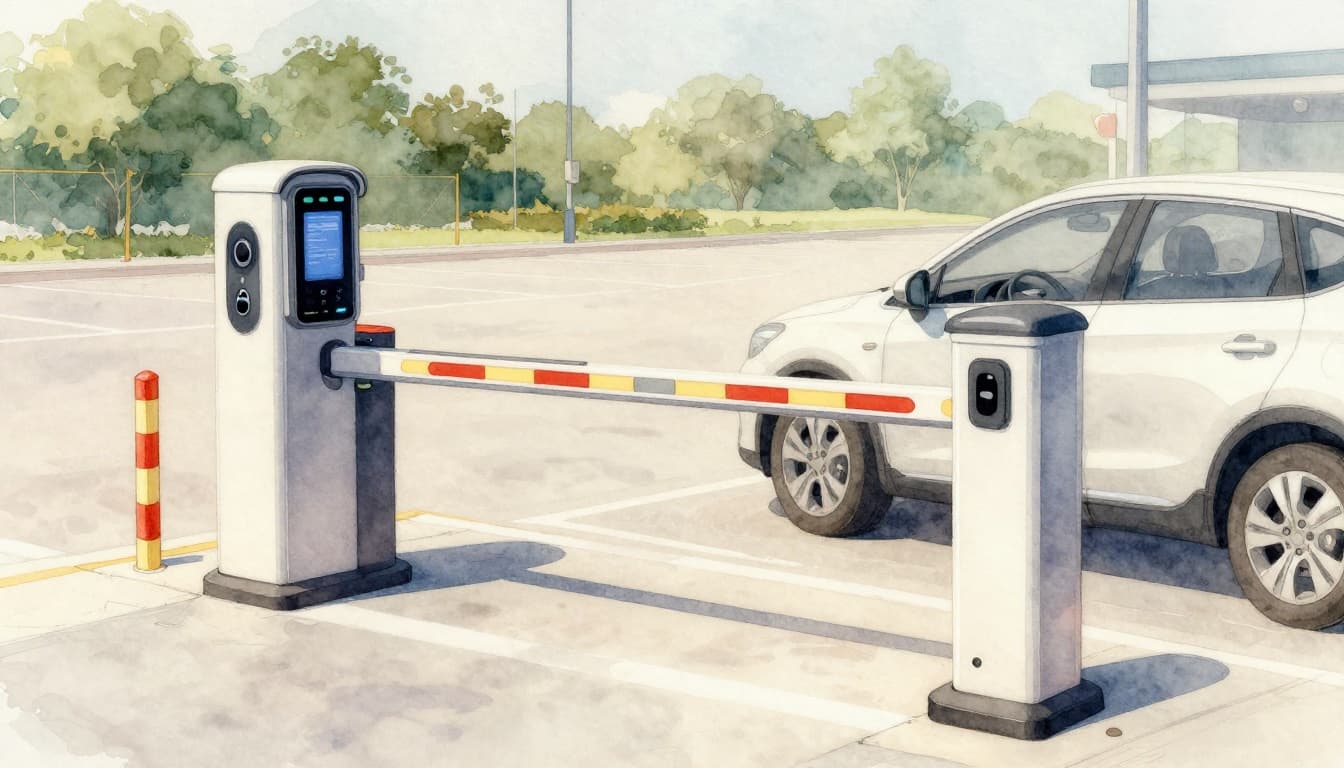 Watercolor style illustration of a modern automated parking barrier gate lifting to allow a single car entry into a daytime parking facility, with nearby sensors, camera, and visible empty spots under soft natural lighting.