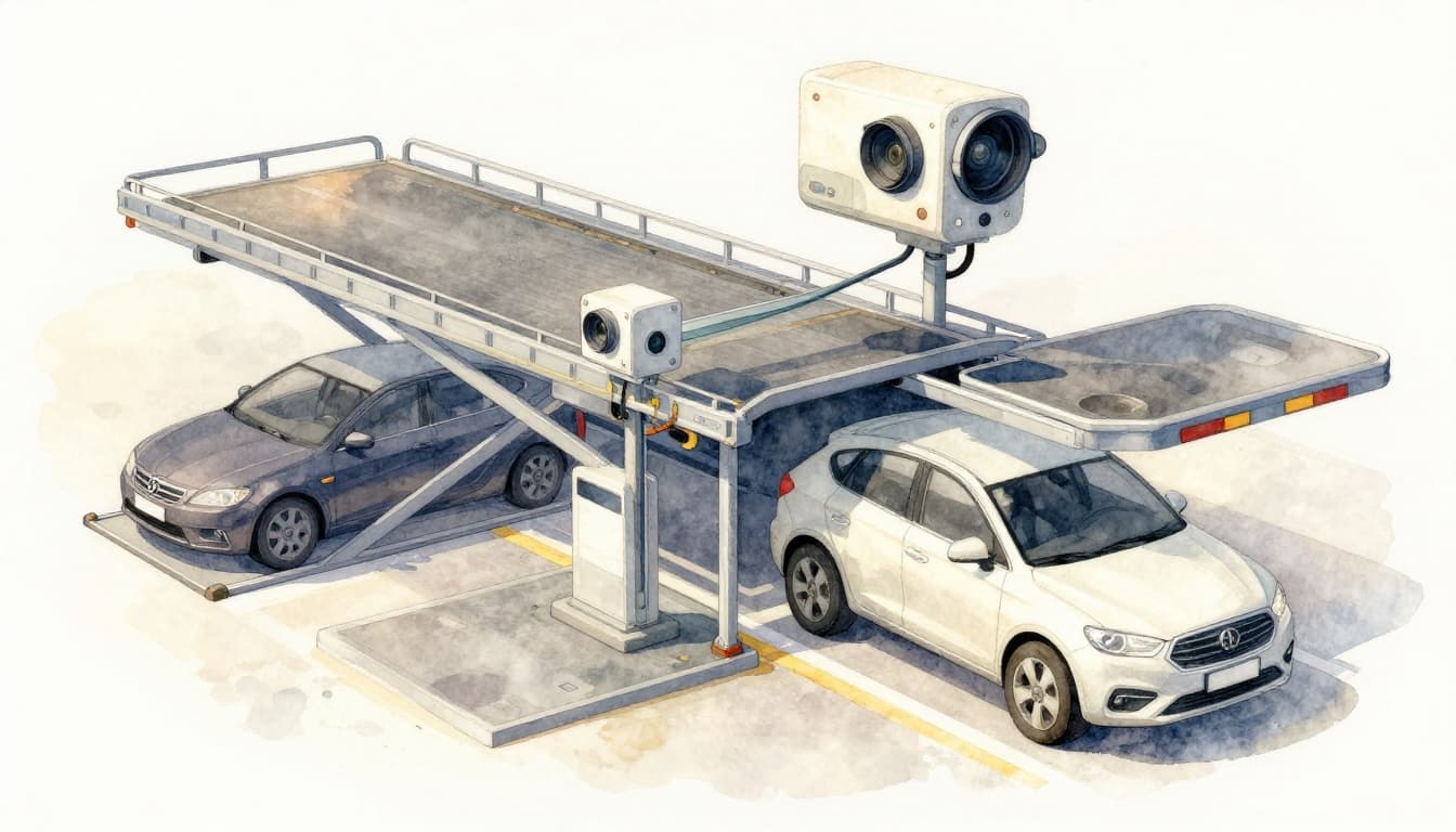 Watercolor illustration depicting key components of an automated parking system, including transfer lifts, rigid platforms, sensors scanning a car, and license plate camera in a compact multi-level garage.
