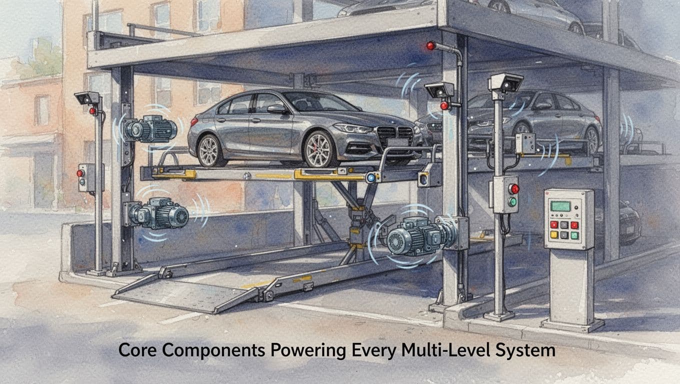 Watercolor illustration depicting hydraulic lift raising a car, electric motors sliding platforms, sensors on poles, and control panel in a compact urban multi-level parking structure with soft blending, brush texture, daylight lighting, and warm palette.