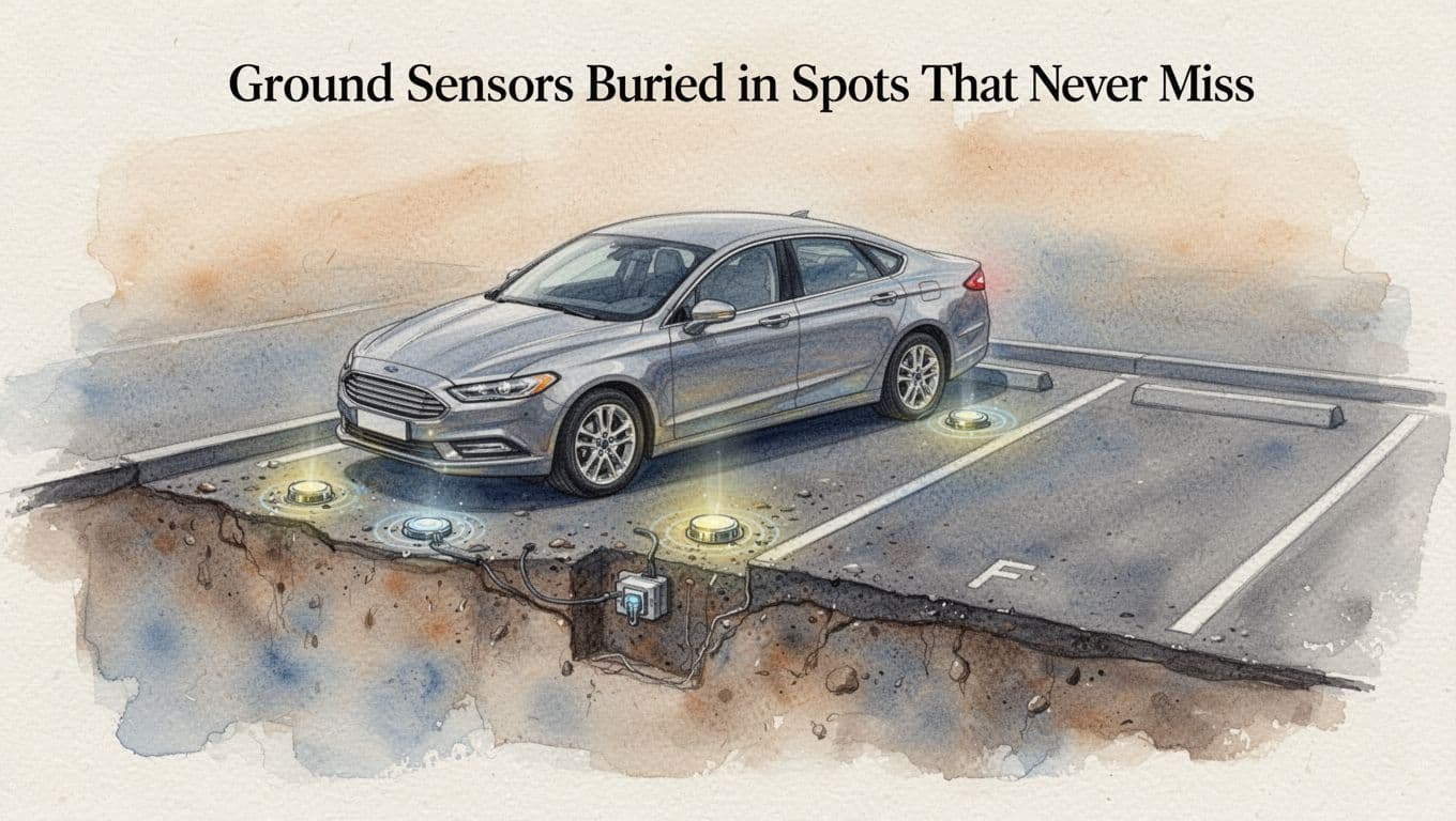 Watercolor style cutaway of asphalt parking surface revealing small embedded ground sensors glowing faintly under a single parked sedan as they detect the car's presence, with an adjacent empty spot shown.
