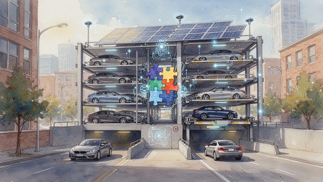 Watercolor illustration of a city street with a multi-level parking tower featuring puzzle system platforms shifting, cars entering, solar panels on top, subtle AI sensor lights, underground ramp, and one car on hydraulic lift, in daylight with warm palette and soft brush textures.