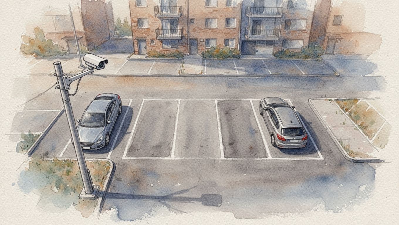Watercolor-style overhead view from a pole-mounted camera overlooking a parking lot with two parked cars and three empty spaces marked by white lines, urban background in earth tones and soft blues.