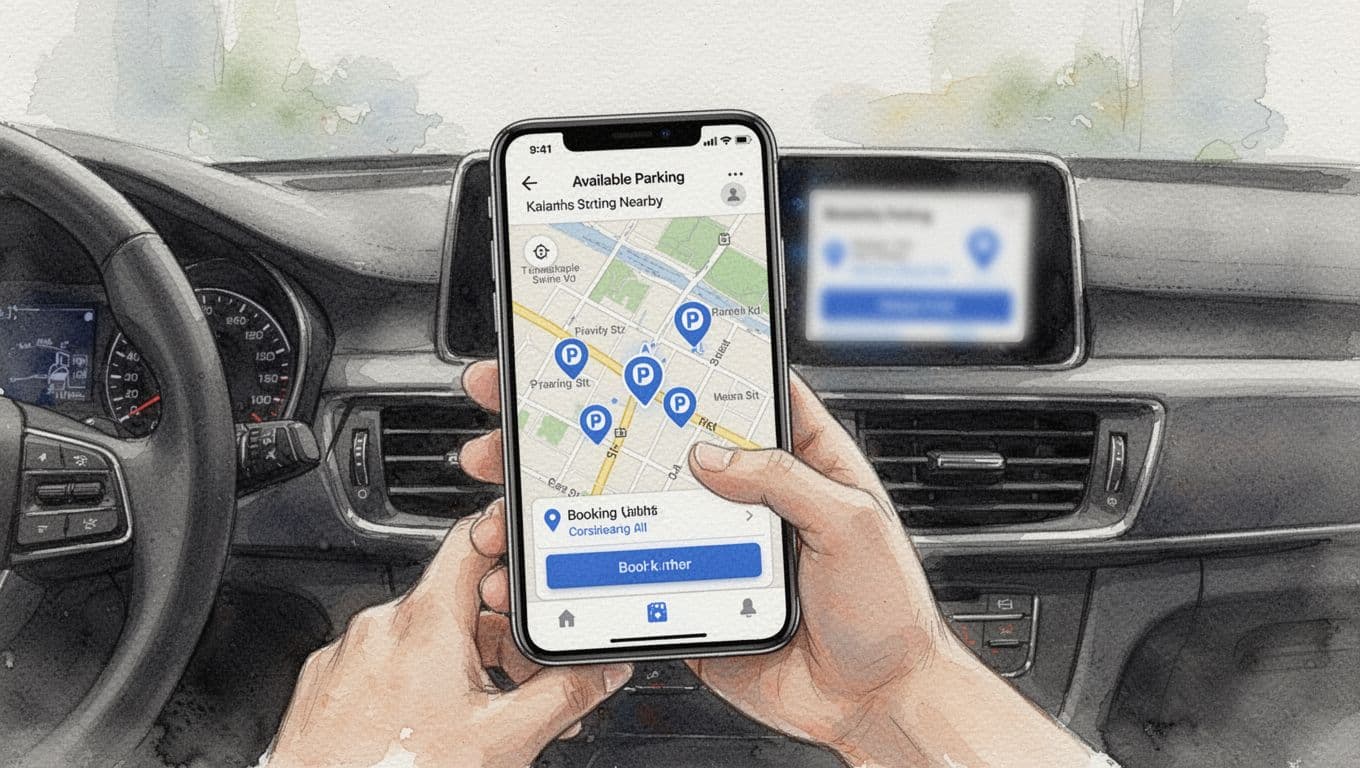 Watercolor style illustration of a smartphone held in a car dashboard showing a blurred map with nearby parking spots, booking option, and payment button.