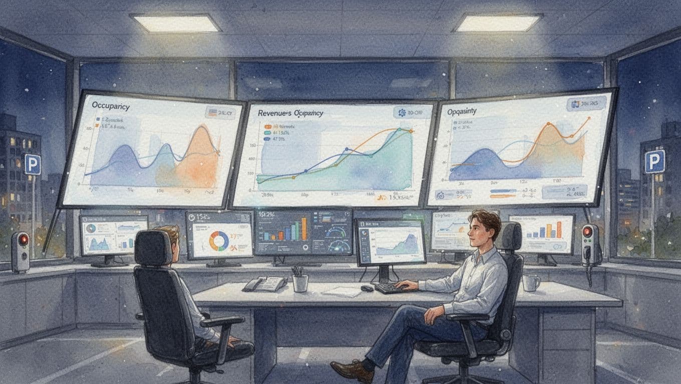 Watercolor-style illustration of a modern parking control room featuring large screens with abstract charts for occupancy and revenue trends, and a single relaxed operator at a desk under soft lighting.