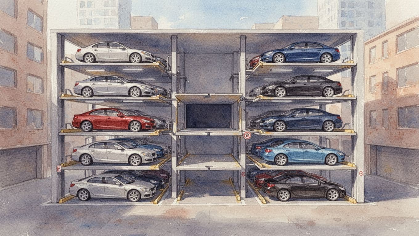 Watercolor illustration of a multi-level puzzle parking system where car platforms shift horizontally and vertically like a giant sliding puzzle using one empty spot. Depicted in a compact urban garage with soft brush textures, daylight lighting, and warm palette, showing exactly 12 car platforms and one empty.