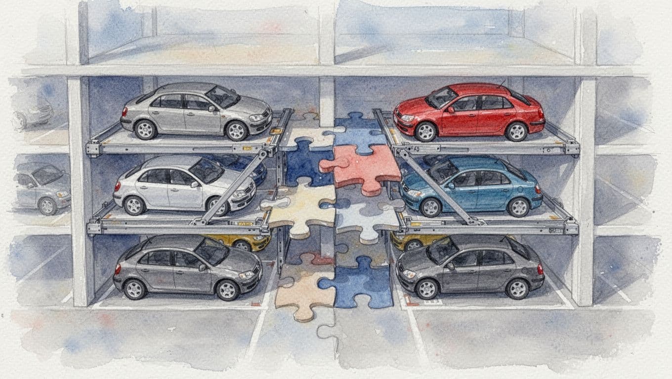 Watercolor painting of a puzzle parking system featuring exactly four cars on sliding platforms rearranging horizontally and vertically like puzzle pieces in a low-rise garage, with soft blending brush textures and overhead lighting.