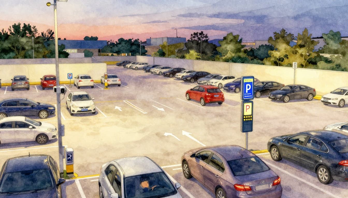 A busy urban parking lot at dusk features cars guided by digital signs showing open spots, sensors and cameras capturing license plates, and drivers following arrows to spaces, all in watercolor style with soft blending and brush texture.